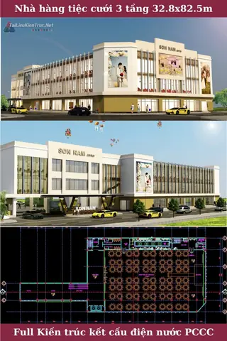 Hồ Sơ Thiết Kế Nhà Hàng Tiệc Cưới 3 Tầng Với Diện Tích 32.8 X 82.5m Đầy Đủ Kiến Trúc, Kết Cấu Và Điện Nước