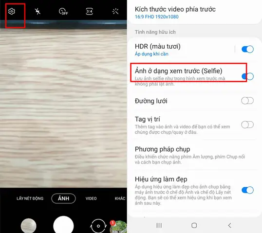 Bạn Nhấn Vào “cài Đặt” Trong Camera Rồi Gạt Công Tắc Ở Mục “ảnh Ở Dạng Xem Trước (selfie)” Sang Bên Phải.