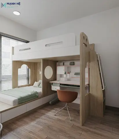 Thiết Kế Giường Tầng Bằng Gỗ Có Bàn Làm Việc Cho Người Lớn