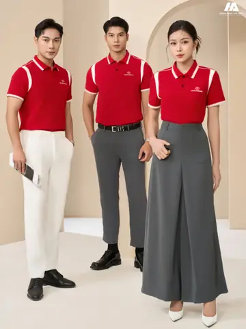 Áo Đồng Phục Công Ty Prime Cotton Màu Đỏ Phối Tay Vai Màu Trắng Gạo