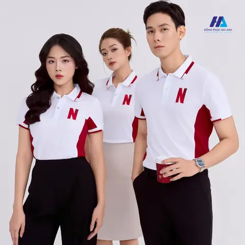 Mẫu Áo Polo Đồng Phục Công Ty Netflix Màu Trắng Phối Đỏ- Đồng Phục Hải Anh
