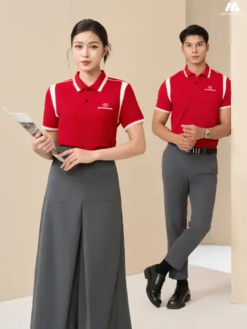 Áo Đồng Phục Công Ty Prime Cotton Màu Đỏ Phối Tay Vai Màu Trắng Gạo