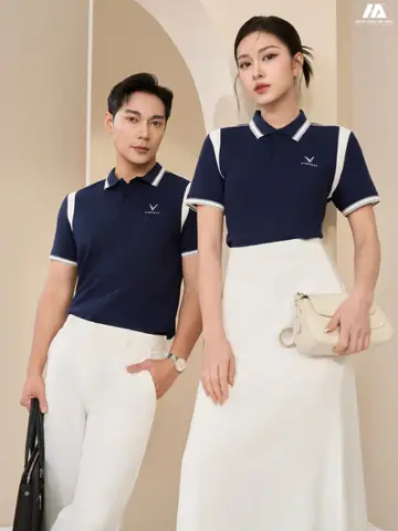 Áo Đồng Phục Công Ty Prime Cotton Màu Xanh Đen Phối Tay Vai Màu Trắng Gạo