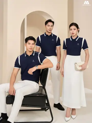 Áo Đồng Phục Công Ty Prime Cotton Màu Xanh Đen Phối Tay Vai Màu Trắng Gạo