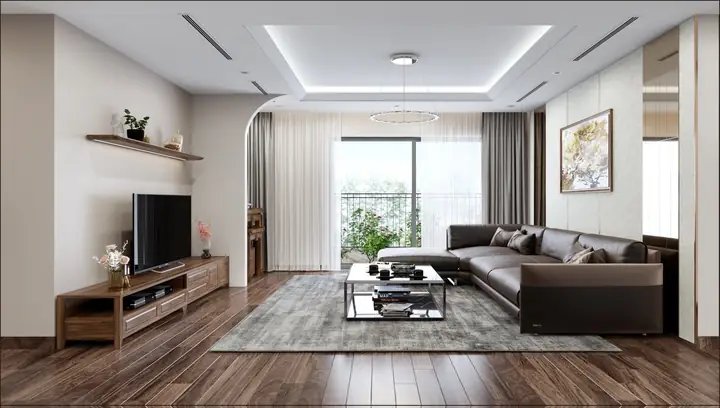 Thiết Kế Nội Thất Phòng Khách Chung Cư Đẹp Với Sofa Chữ L, Kệ Tivi Đa Năng Và Bàn Trà Mặt Đá Tinh Tế