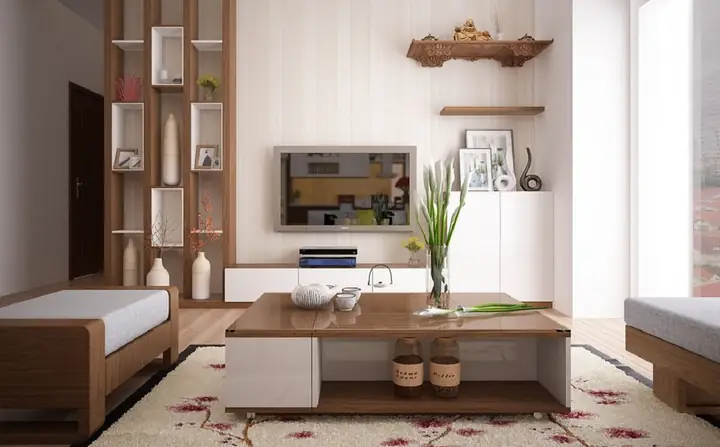 Mẫu 1: Kệ Gỗ Trang Trí Phòng Khách Kiểu Truyền Thống