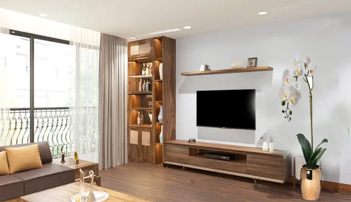 Mẫu 1: Kệ Gỗ Trang Trí Phòng Khách Kiểu Truyền Thống