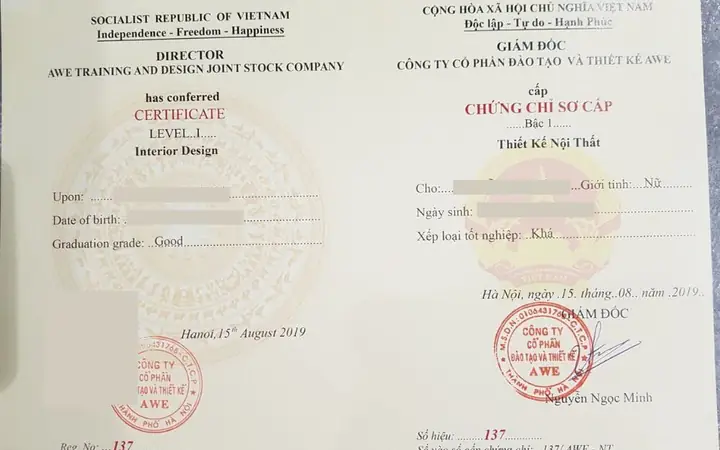 Chứng Chỉ Thiết Kế Nội Thất Chính Quy Cấp Bởi Bộ Lao Động