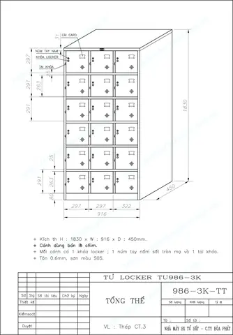 Bản Vẽ Kỹ Thuật Tủ Locker 18 Ngăn Tu986-3k
