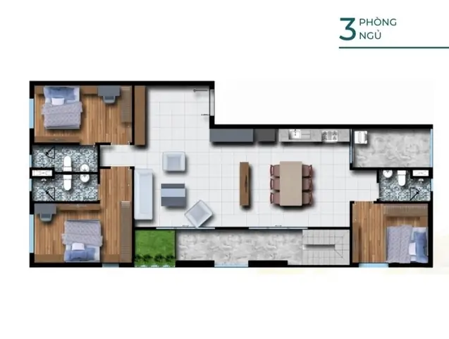 Layout Penhouse 3 Phòng Ngủ – 3 Nhà Vệ Sinh, 132m2