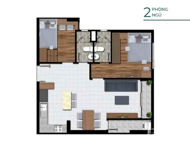 Layout Căn 2 Phòng Ngủ – 2 Nhà Vệ Sinh, 65 – 68m2