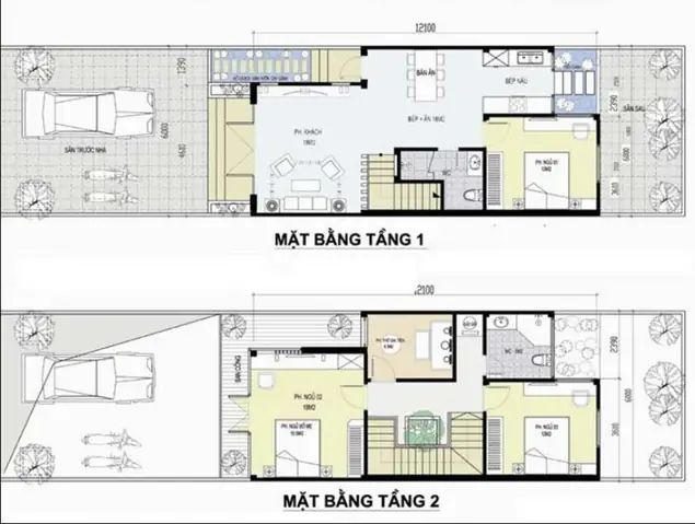 Bản Vẽ Nhà Ống 2 Tầng 6x12m 3 Phòng Ngủ