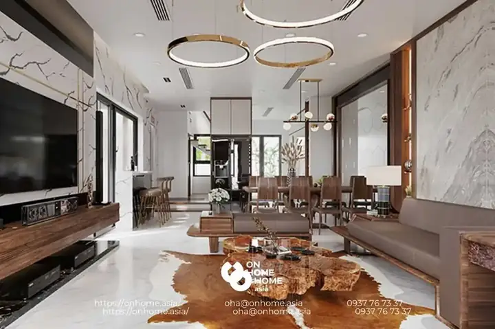 Mẫu 10: Thiết Kế Nội Thất Phòng Khách Gỗ Óc Chó Nhà Phố Liền Kề Đẹp, Sang Trọng.
