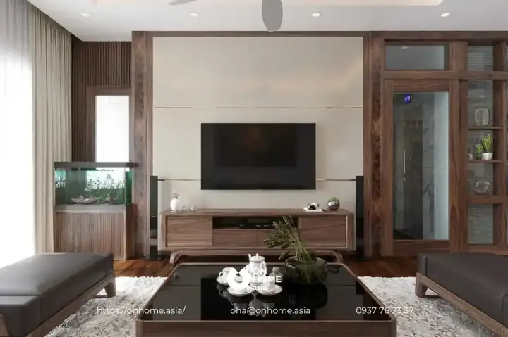 Mẫu 3: Phòng Khách Chung Cư Gỗ Óc Chó Hiện Đại, Thanh Lịch.