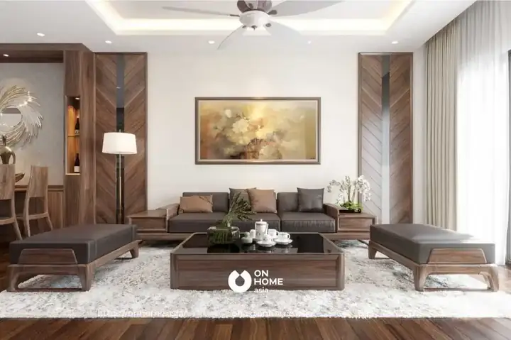 Mẫu 3: Phòng Khách Chung Cư Gỗ Óc Chó Hiện Đại, Thanh Lịch.