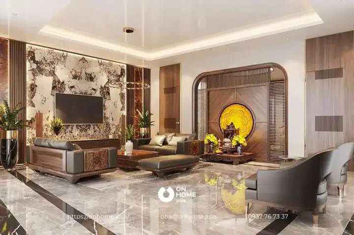 Mẫu 15: Phòng Khách Gỗ Óc Chó Đẹp Dành Cho Biệt Thự Vườn.