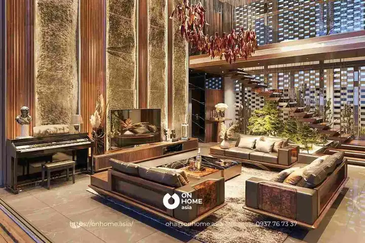 Mẫu 13: Nội Thất Phòng Khách Gỗ Óc Chó Biệt Thự Đẳng Cấp Vượt Thời Gian