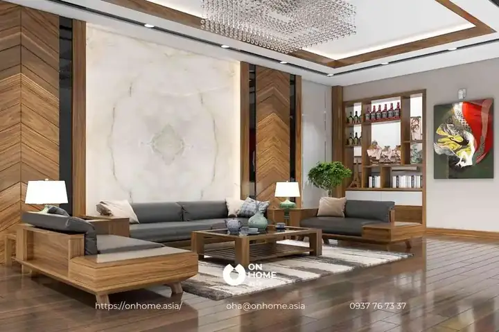 Mẫu 5: Thiết Kế Phòng Khách Chung Cư Gỗ Óc Chó Đẹp.