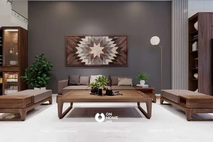 Mẫu 9: Thiết Kế Nội Thất Phòng Khách Gỗ Óc Chó Nhà Ống 4m.
