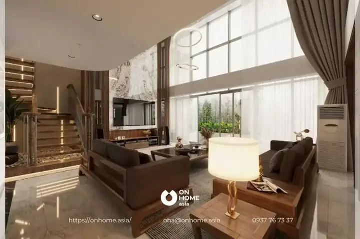 Mẫu 6: Phòng Khách Biệt Thự Gỗ Óc Chó Sang Trọng.