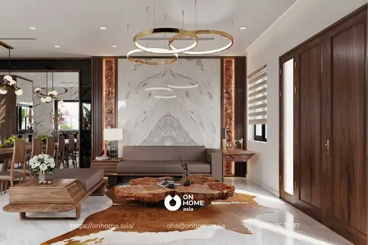 Mẫu 10: Thiết Kế Nội Thất Phòng Khách Gỗ Óc Chó Nhà Phố Liền Kề Đẹp, Sang Trọng.