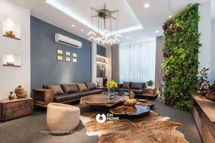 Mẫu 1: Thiết Kế Nội Thất Phòng Khách Gỗ Óc Chó Sang Trọng.