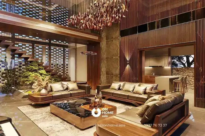 Mẫu 13: Nội Thất Phòng Khách Gỗ Óc Chó Biệt Thự Đẳng Cấp Vượt Thời Gian