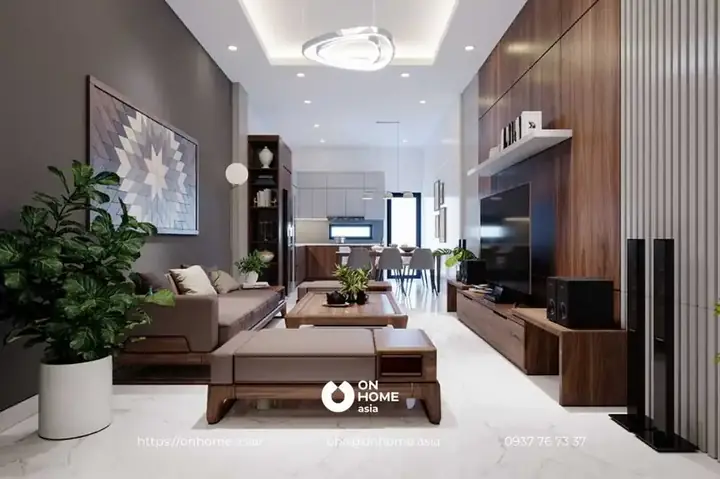 Mẫu 9: Thiết Kế Nội Thất Phòng Khách Gỗ Óc Chó Nhà Ống 4m.