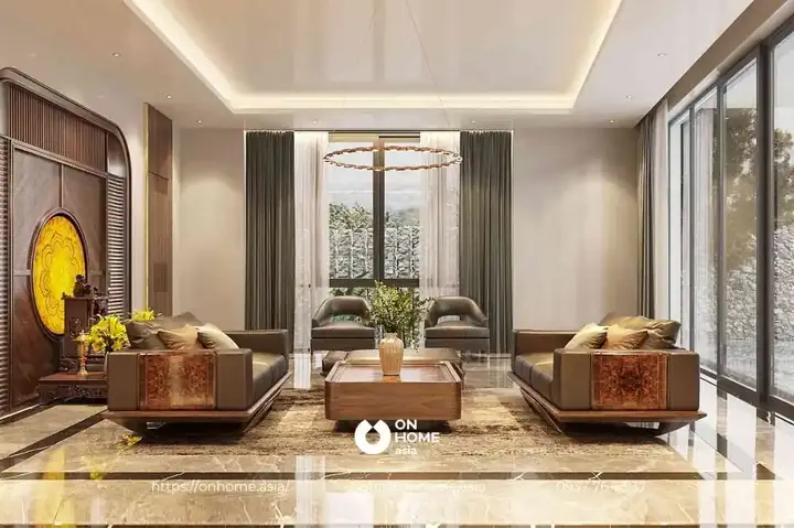 Mẫu 15: Phòng Khách Gỗ Óc Chó Đẹp Dành Cho Biệt Thự Vườn.