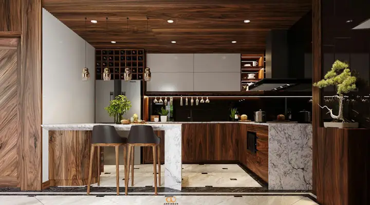 Mẫu Nội Thất Gỗ Óc Chó Phòng Bếp