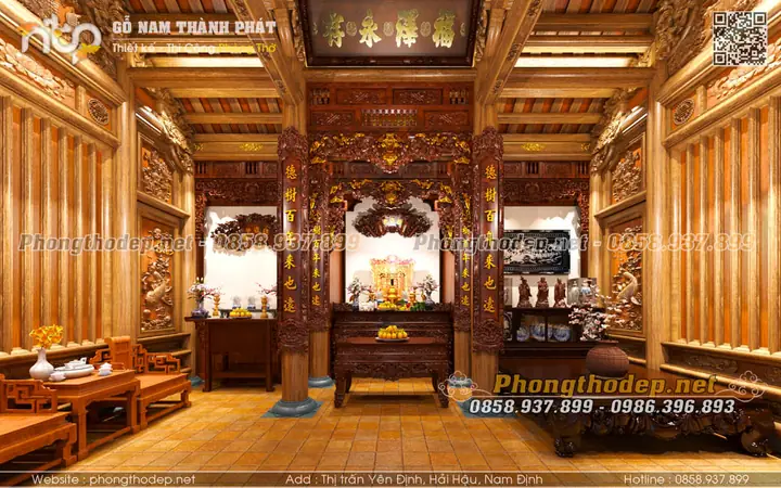 Nội Thất Phòng Khách Kết Hợp Phòng Thờ Trong Nhà Gỗ 3 Gian