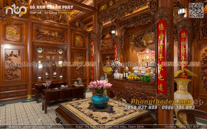 Mẫu Phòng Khách Kết Hợp Phòng Thờ Trong Nhà Gỗ 3 Gian
