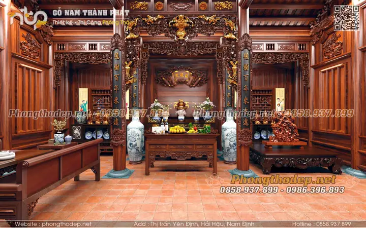Phòng Thờ Kết Hợp Phòng Khách Trong Nhà Gỗ 3 Gian Sang Trọng