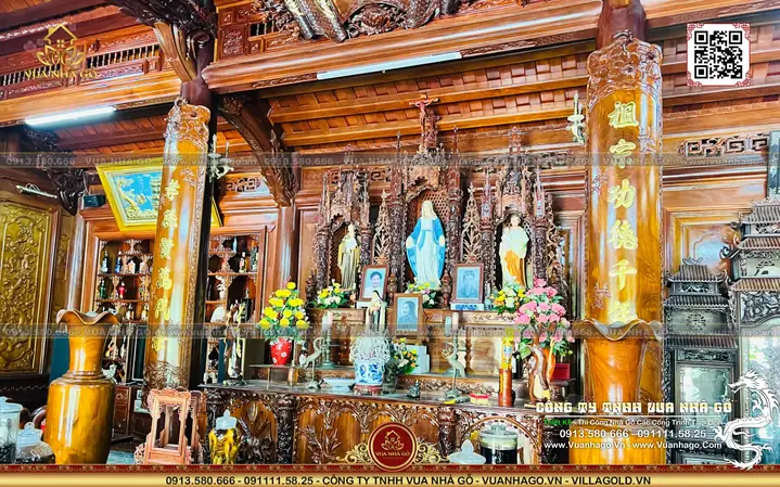 Mẫu Nội Thất Nhà Gỗ 5 Gian Công Giáo – Kết Hợp Truyền Thống & Tín Ngưỡng