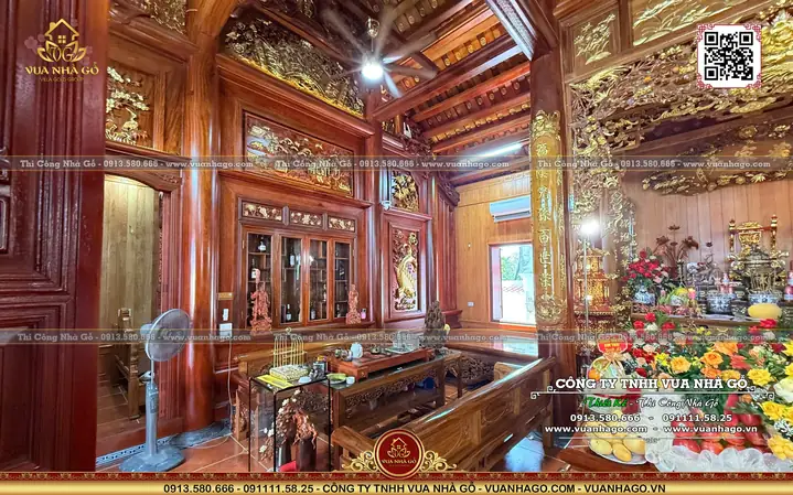 Mẫu Nội Thất Nhà Gỗ 5 Gian Lim Nam Phi Đục Tranh Tứ Bình