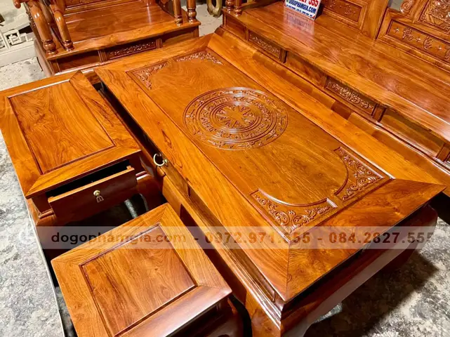 Bàn Trà Gỗ Hương Đá Đục Trống Đồng