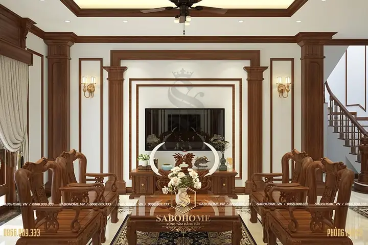 Nội Thất Phòng Khách Tân Cổ Điển Sử Dụng Gỗ Gõ Đẹp