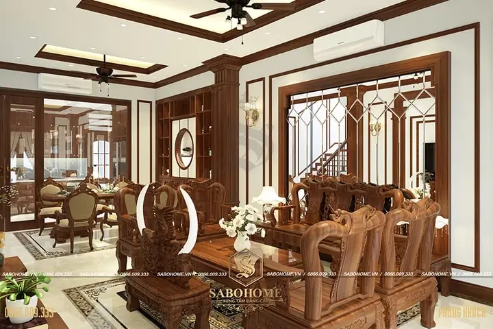Nội Thất Phòng Khách Tân Cổ Điển Sử Dụng Gỗ Gõ Đẹp