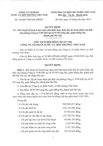 Quyết Định Số 20/hđqt Về Việc Phê Duyệt Kế Hoạch Lựa Chọn Nhà Thầu Thực Hiện Dự Án Hoàn Thiện Nội Thất Văn Phòng Công Ty Viwase Tại Số 97-99 Láng Hạ