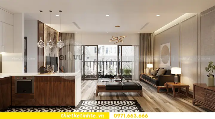 Nội Thất Phòng Khách Bếp Sang Trọng Với Gỗ Óc Chó