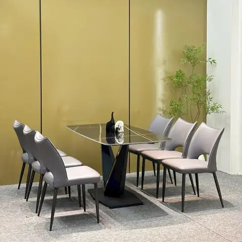 Bàn Ăn Mặt Đá Ceramic Chân Chữ V – Bộ 4 Ghế Da Cao Cấp, Gọn Nhẹ & Hiện Đại