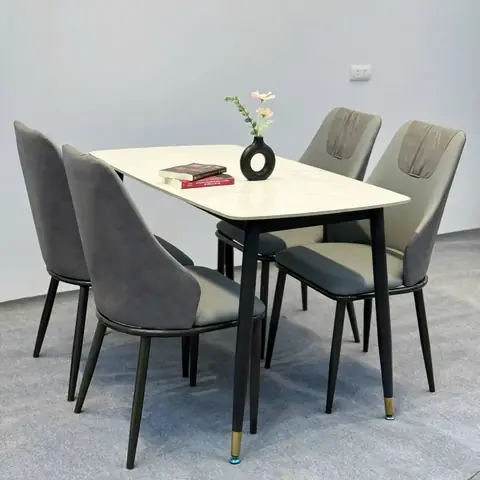 Bộ Bàn Ăn Mặt Đá Ceramic, Ghế Bọc Da Nhập Khẩu Bộ Bàn Ăn Mặt Đá Ceramic, Ghế Bọc Da Nhập Khẩu