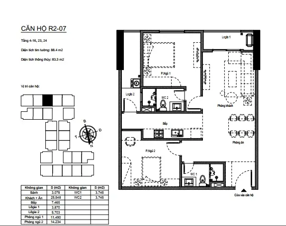 Thiết Kế Các Loại Căn Hộ 2 Phòng Ngủ Dự Án Florence Mỹ Đình Gồm Các Diện Tích 75m2, 77m2, 82m2.