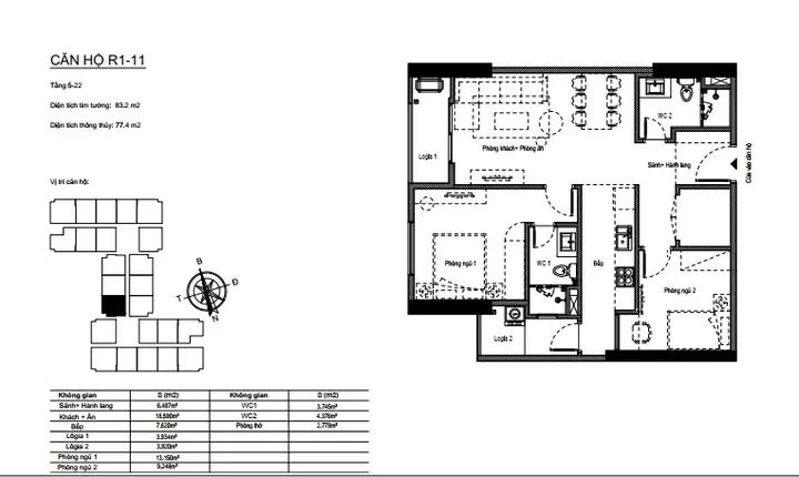 Thiết Kế Các Loại Căn Hộ 2 Phòng Ngủ Dự Án Florence Mỹ Đình Gồm Các Diện Tích 75m2, 77m2, 82m2.