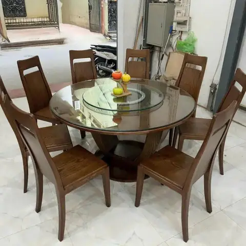 Bộ Bàn Ăn Gỗ Sồi Mặt Kính Xoay Hiện Đại – Sp9992