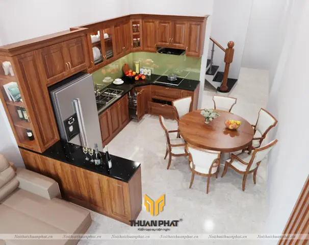 Tủ Bếp Gỗ Sồi Nga Có Quầy Bar Hiện Đại