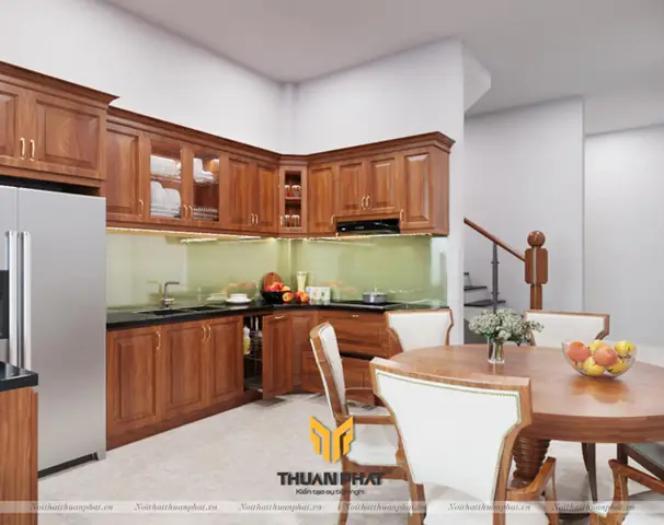 Tủ Bếp Gỗ Sồi Nga Có Quầy Bar Hiện Đại