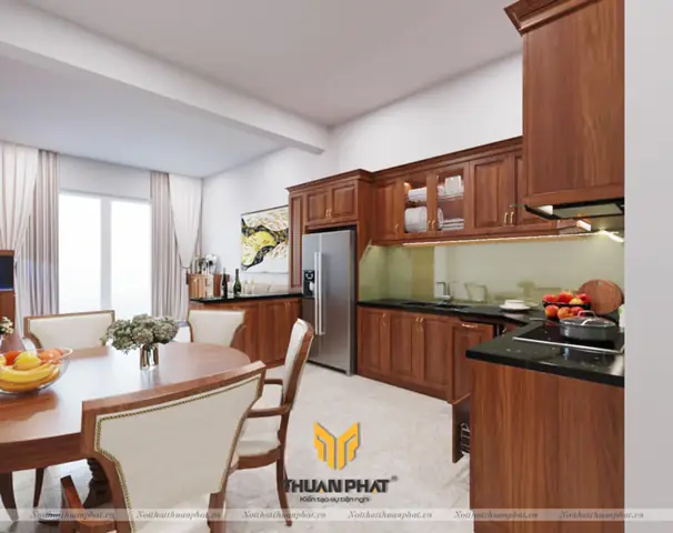 Tủ Bếp Gỗ Sồi Nga Có Quầy Bar Hiện Đại
