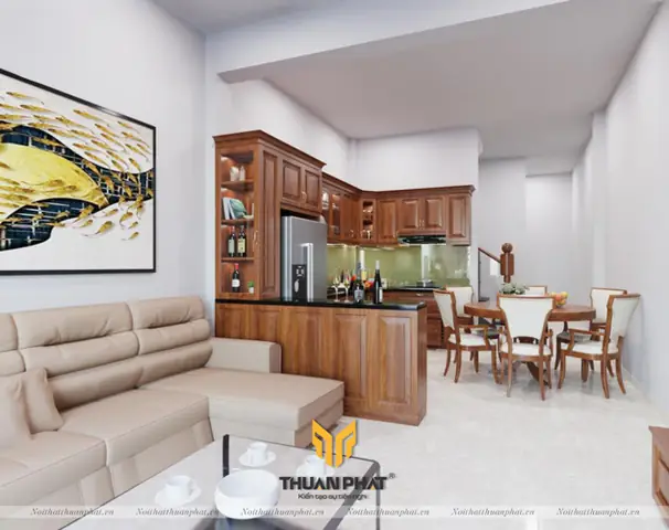 Tủ Bếp Gỗ Sồi Nga Có Quầy Bar Hiện Đại