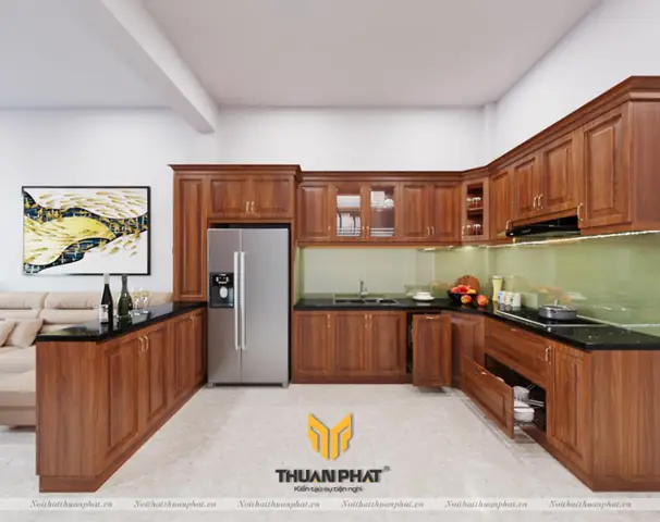 Tủ Bếp Gỗ Sồi Nga Có Quầy Bar Hiện Đại